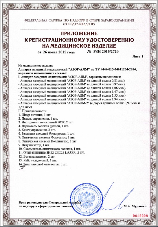 Приложение к регистрационному удостоверению АЗОР-АЛМ, лист 1